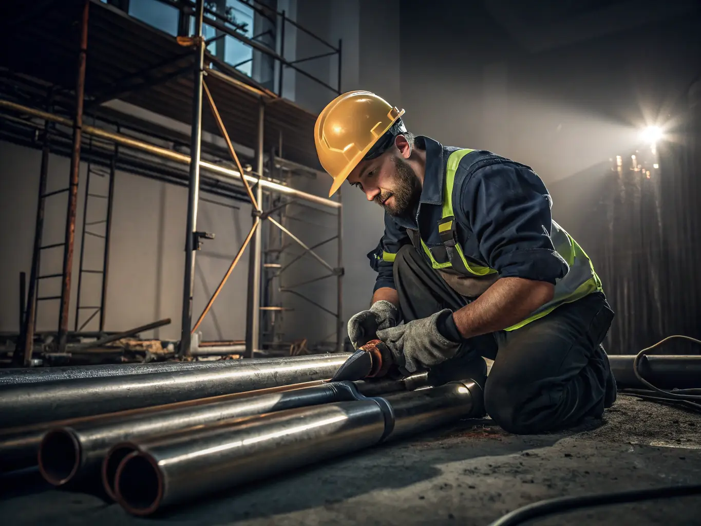 A professional image showing a Hydraulik 24h Mistrz technician installing a plumbing cabin outdoors, ensuring proper setup and compliance with safety standards. The setting is a construction site, highlighting the precision and care taken during installation.