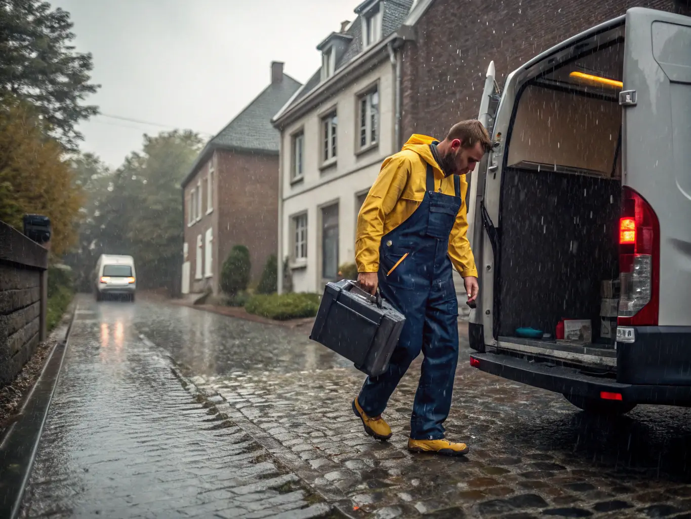 A plumber in a blue uniform, representing Hydraulik 24h Mistrz, is shown arriving at a customer's home in Warsaw in a van with the company logo, ready to provide emergency plumbing services.