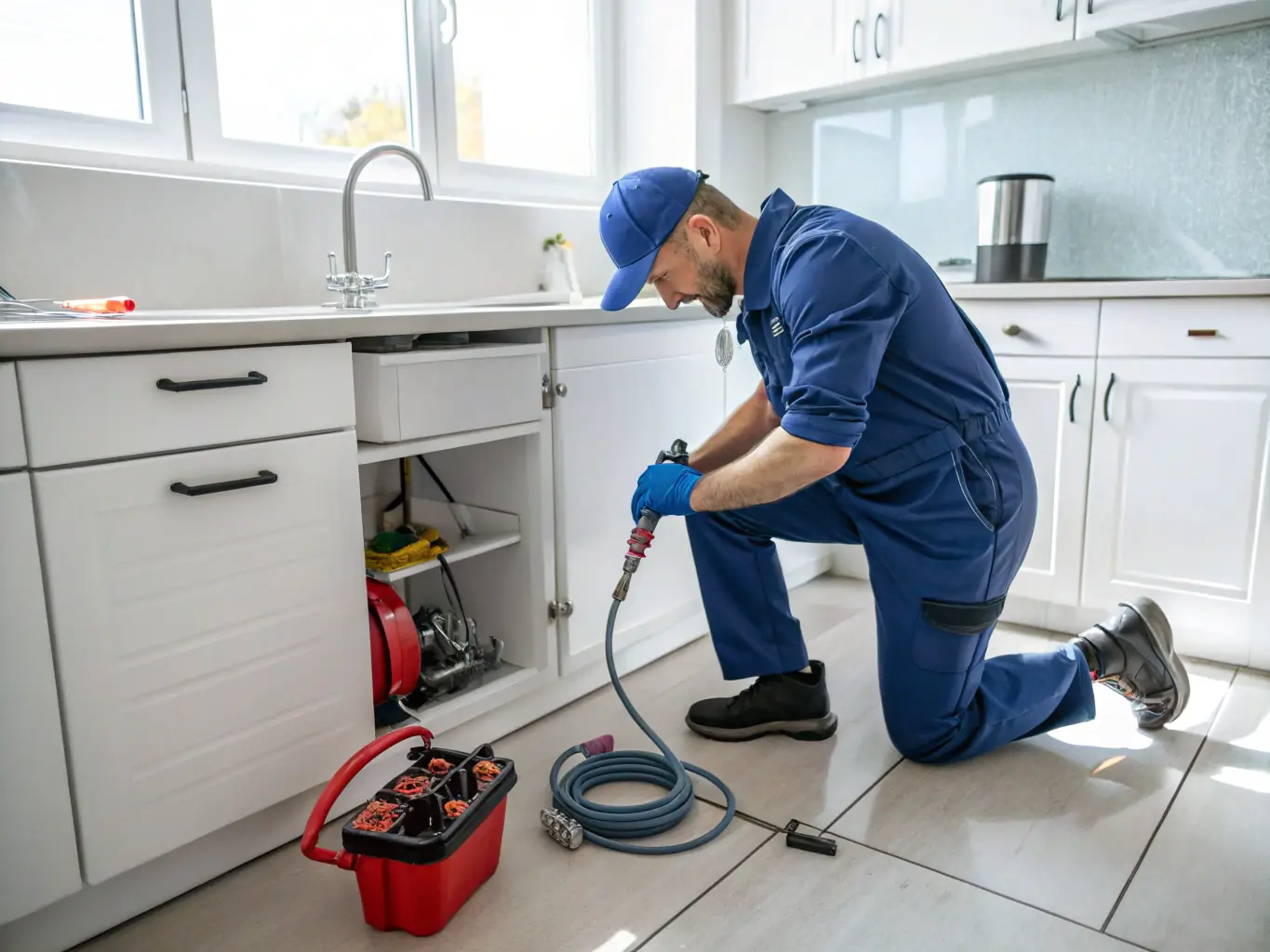 A high-resolution image depicting a plumber expertly using specialized tools to quickly open a severely blocked pipe, with water flowing freely again, emphasizing the urgency and effectiveness of the service.