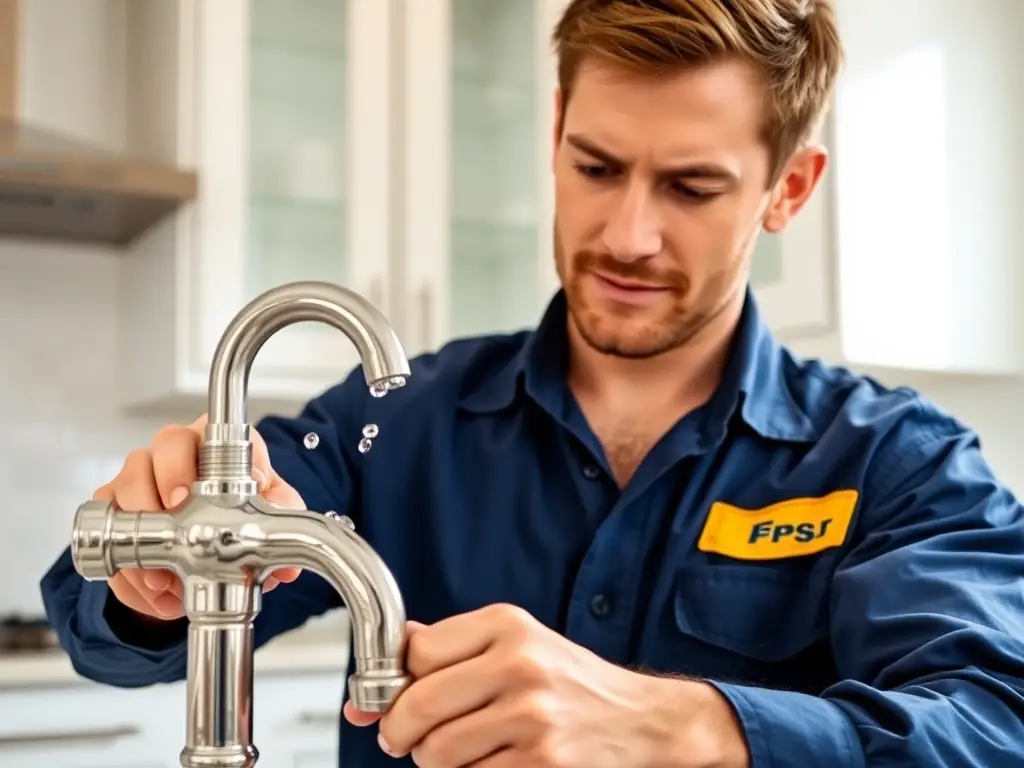 A close-up shot of a Hydraulik 24h Mistrz plumber repairing a leaky faucet in a modern kitchen, using specialized tools to ensure a long-lasting fix.