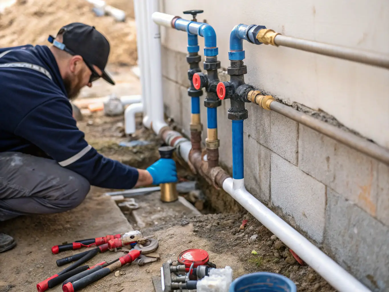 A technician from Hydraulik 24h Mistrz is depicted expertly installing a plumbing cabin, ensuring all connections are secure and compliant with safety standards.